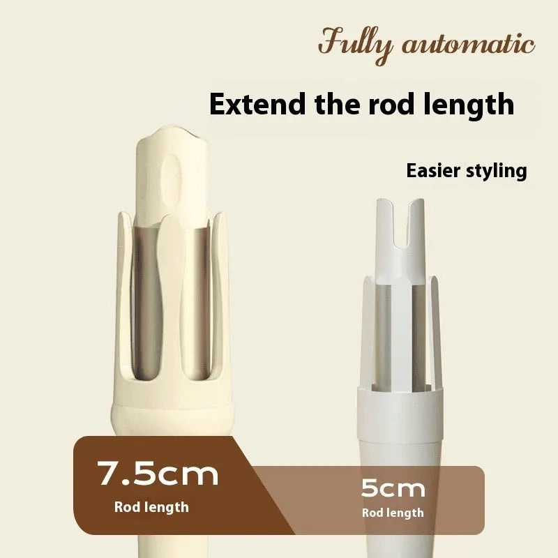 White and pink automatic hair curler with a 32mm ceramic barrel and a US plug adapter on a table.