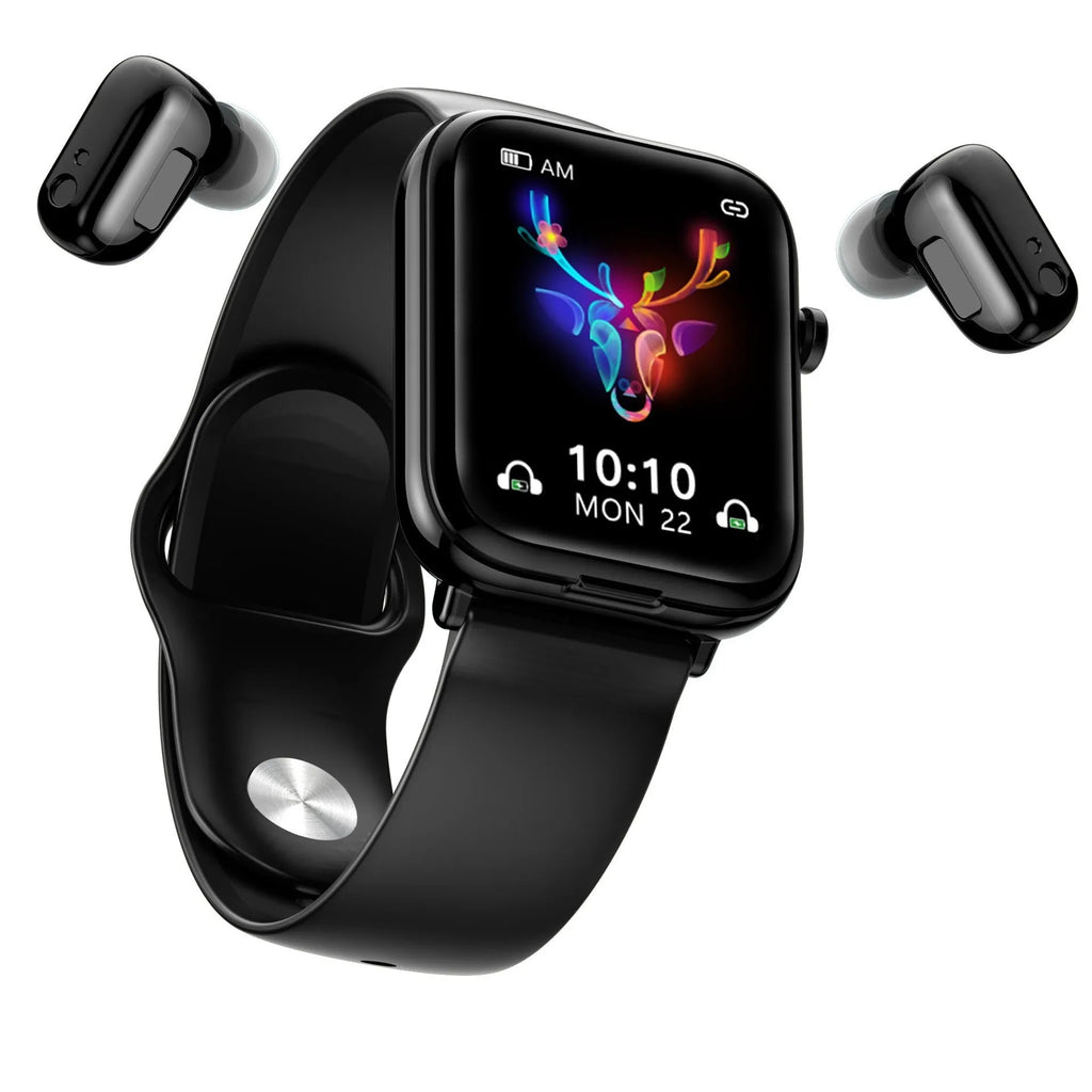 Black smartwatch with touchscreen on wrist next to its open magnetic charging case holding two wireless earbuds.