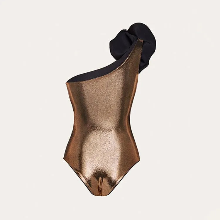 Gold halter one-piece swimsuit with hollow out design on mannequin