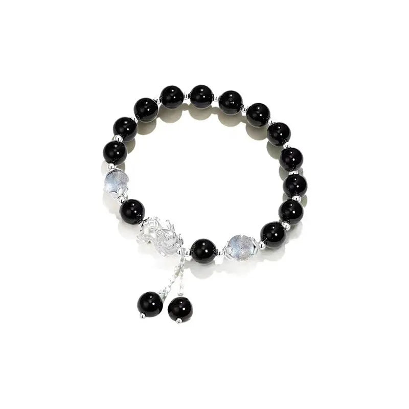 Handmade natural black agate couple bracelet with 10mm wave-shaped beads and gray moonlight stones
