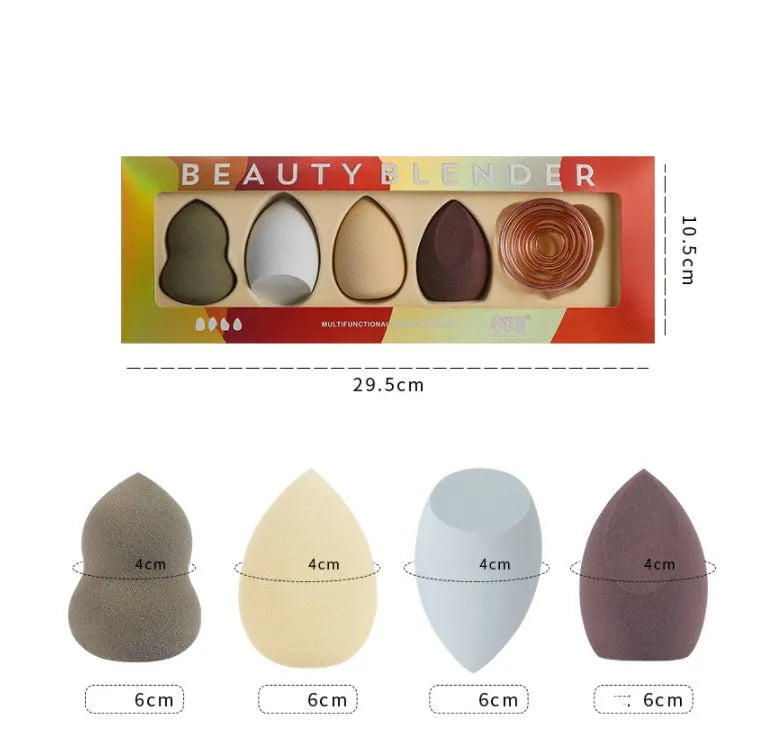 Four coloured hydrophilic polyurethane beauty eggs placed on a metal stand for makeup application