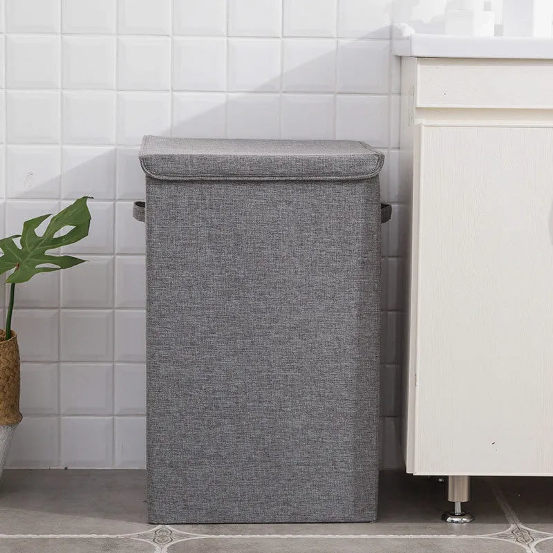 Brown foldable three-dimensional fabric storage basket with cotton linen material, shown upright and collapsed flat.