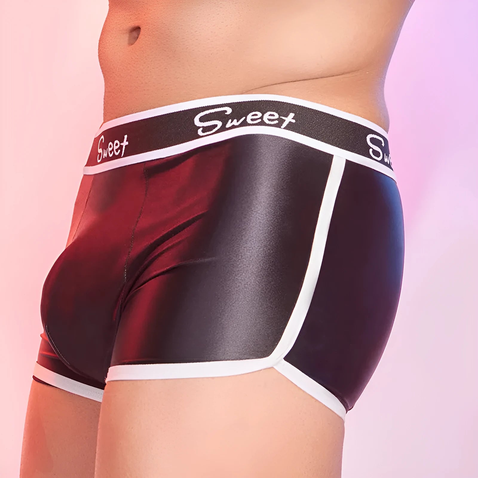 Men's silky shiny nylon boxer shorts in black, white, and sapphire blue colours