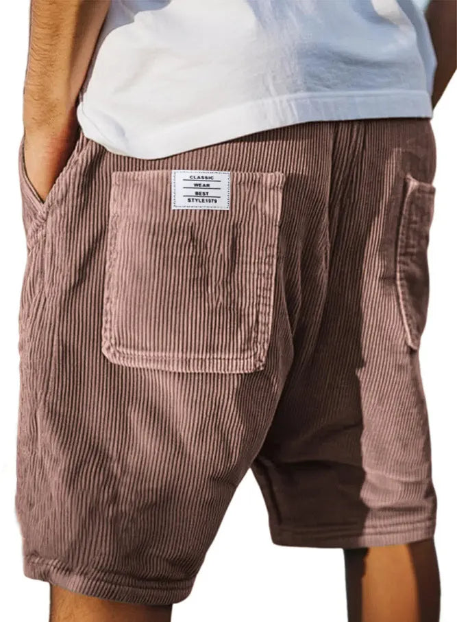 Men's straight-leg corduroy shorts with multiple pockets and embroidery detailing in grey colour