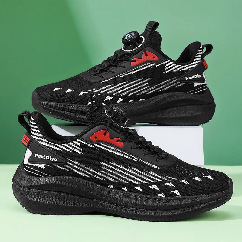 Men's black running shoes with Fly-knit mesh upper, rotating buckle, and TPU popcorn sole