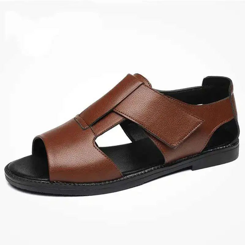 Men's black and brown casual sandals with open toe design and rubber sole