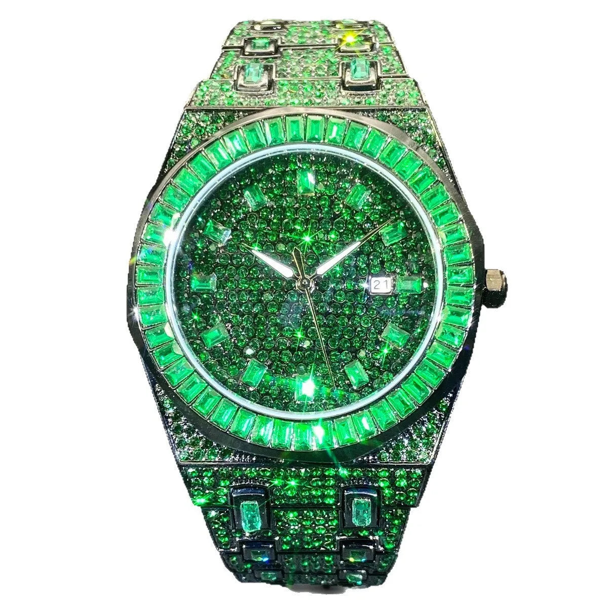Men's green full rhinestone hip hop quartz watch with 13mm alloy case