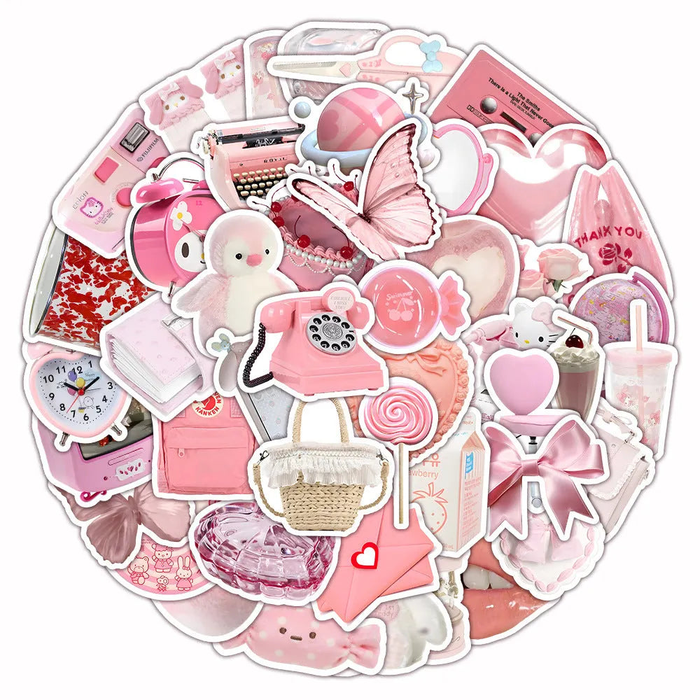 Sheet of 63 light pink 3D decorative stickers with cute girl and heart designs.