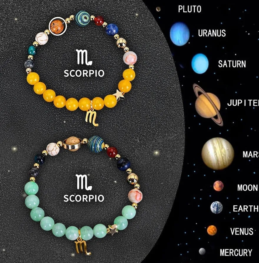 Two natural stone bead bracelets showing zodiac symbols on adjustable straps