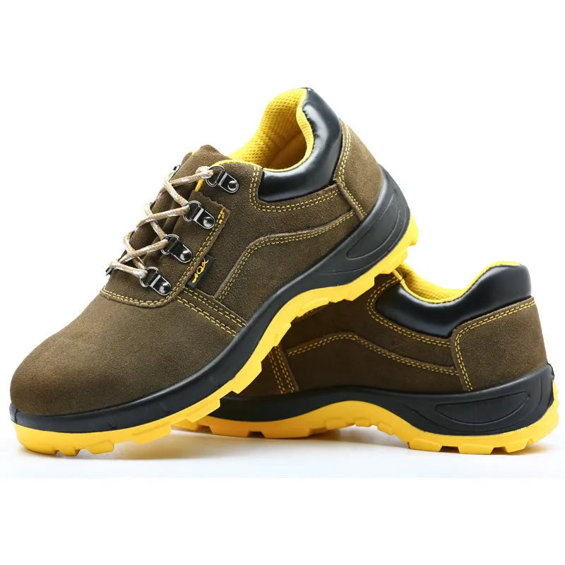 Bronze coloured low-cut leather safety boots with a steel toe cap and textured anti-skid sole.