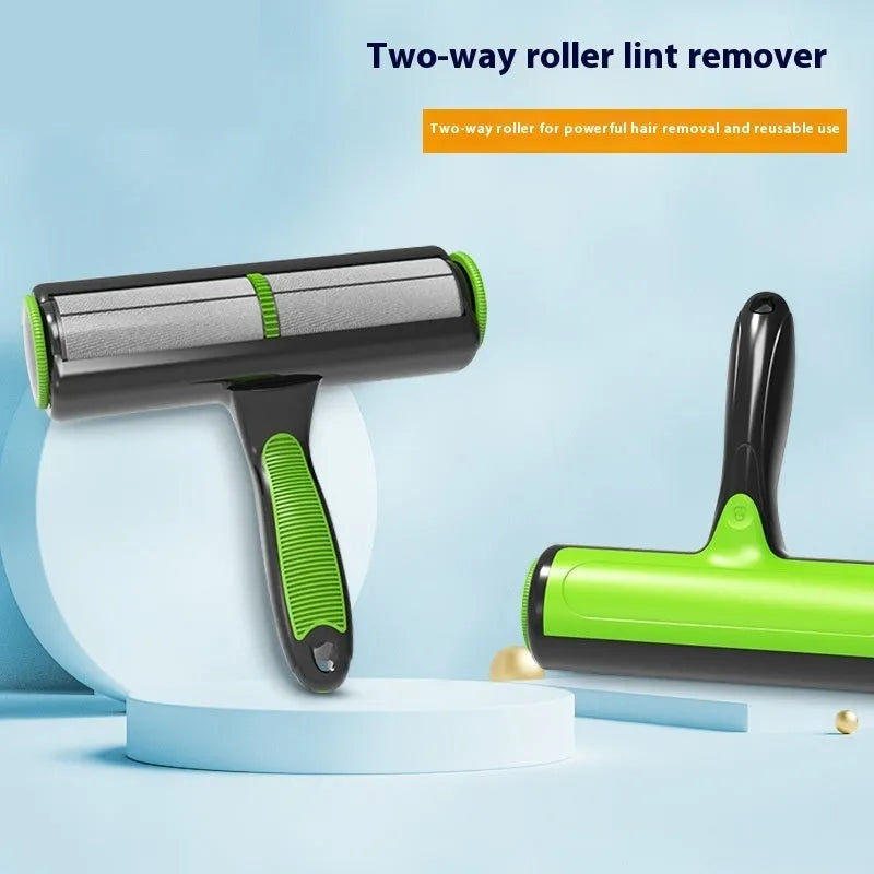 Automatic two-way pet hair lint roller for cleaning sofas and upholstery.