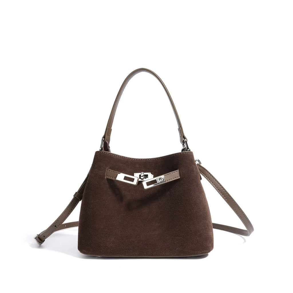 Cortical women's spliced casual crossbody bag in genuine suede leather, vertical square shape, calf brown