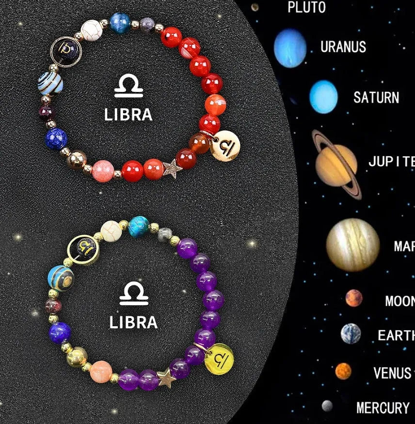 Set of twelve natural stone beaded bracelets, each representing a different zodiac sign.