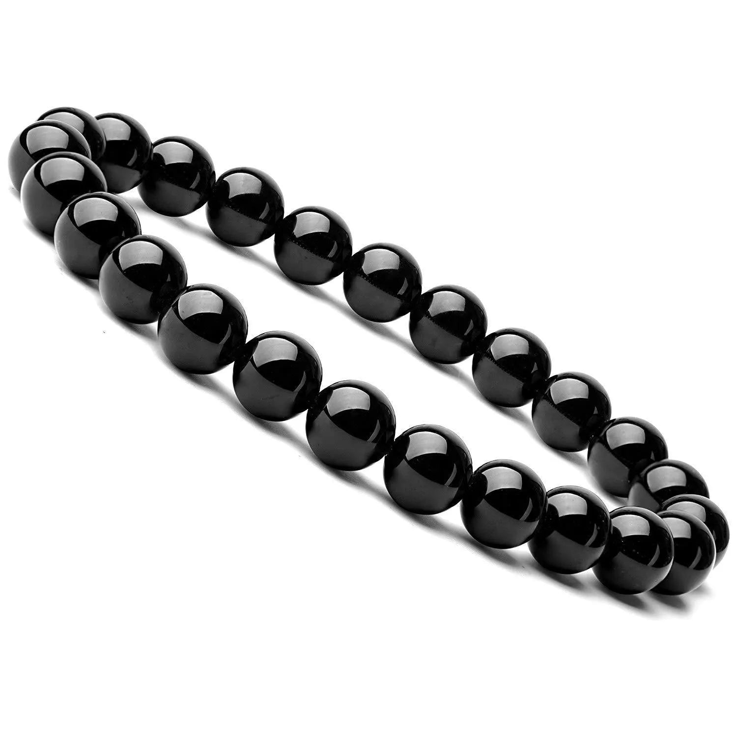 Close-up of a women's black agate bracelet with 8mm geometric beads on a black elastic cord.