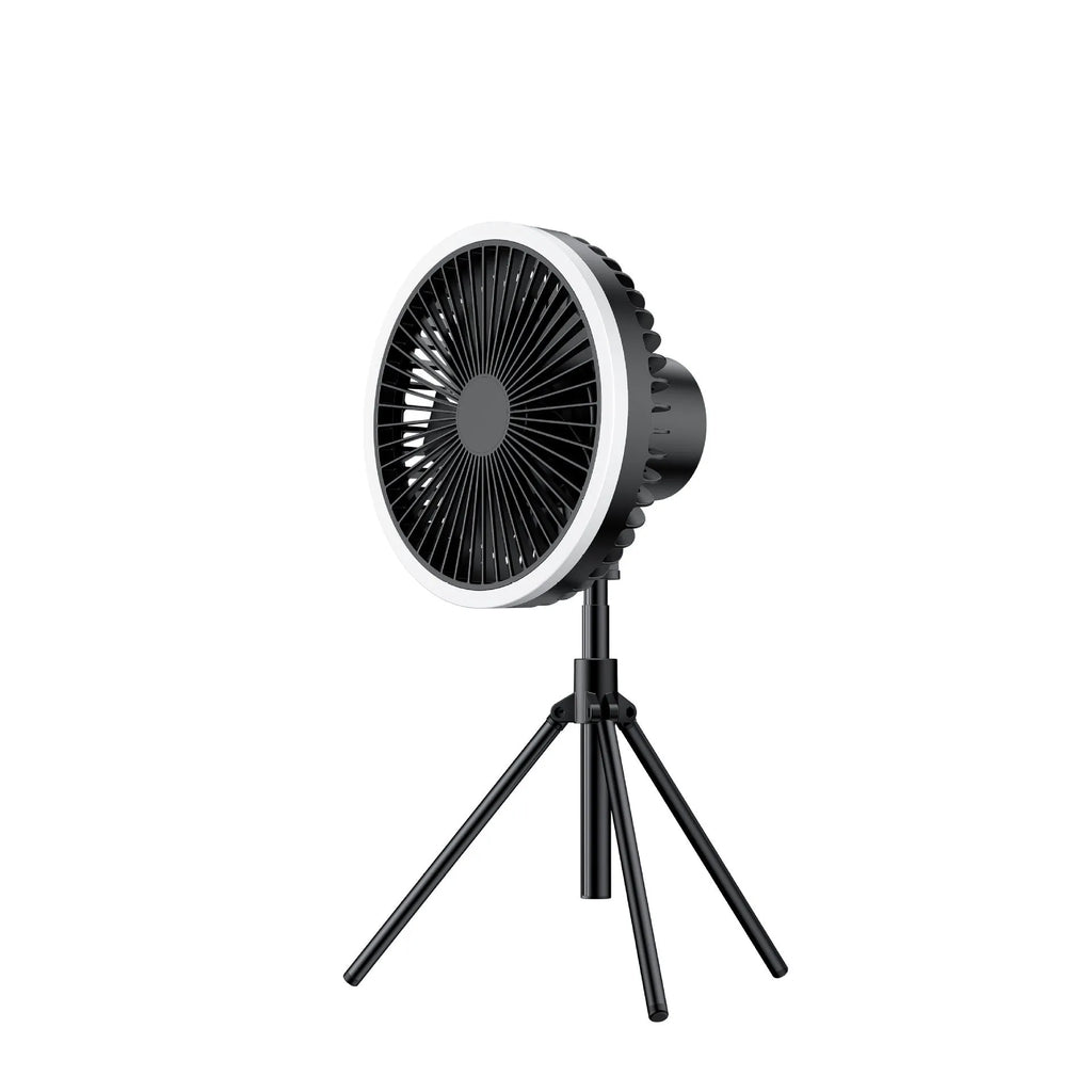 White USB rechargeable camping fan on aluminium tripod showing front view