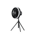 White USB rechargeable camping fan on aluminium tripod showing front view