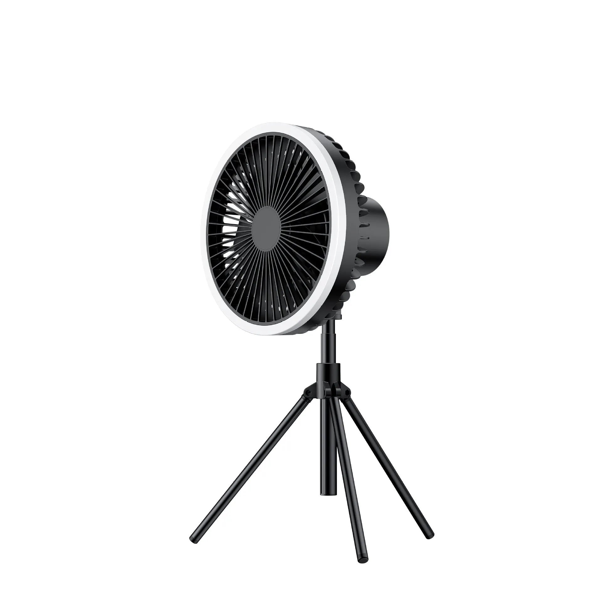 White USB rechargeable camping fan on aluminium tripod showing front view