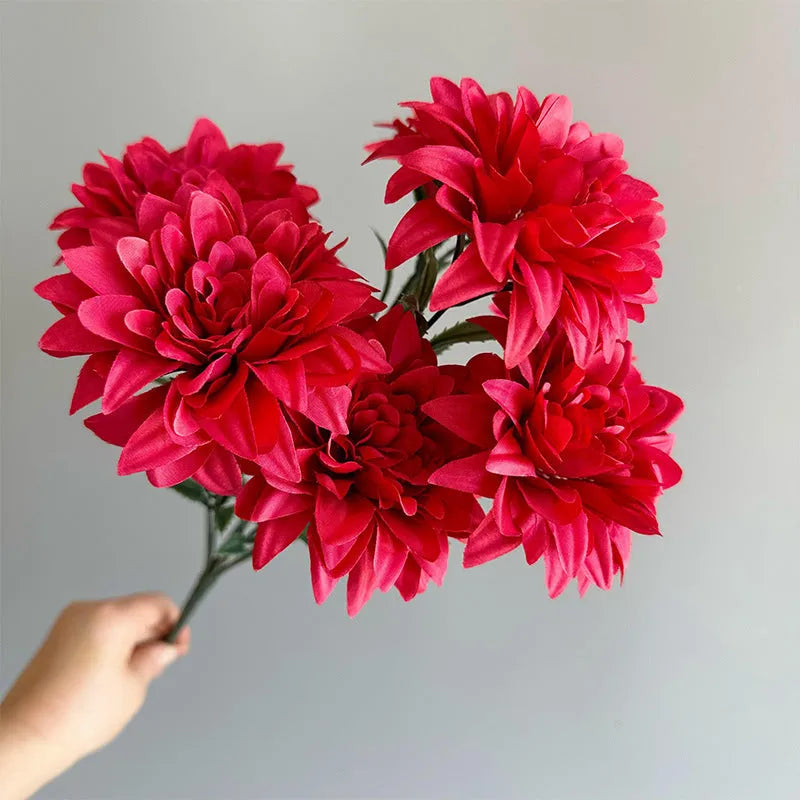 Dahlia desktop display fan holding fake flowers, silk flower bunch in multiple colours for home or office decoration