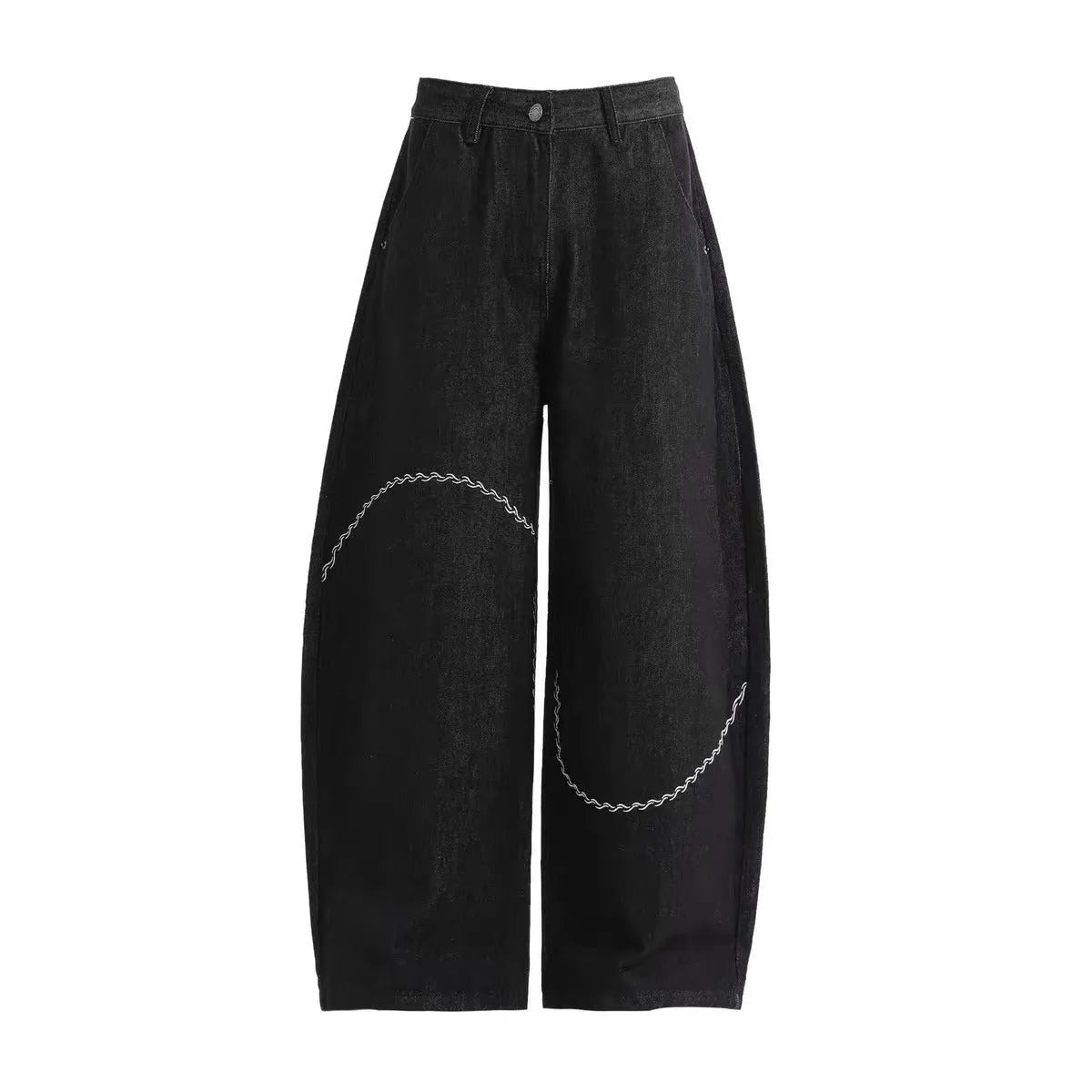 Black straight-leg denim trousers with a mid-waist fit and micro-elastic waistband on a hanger.
