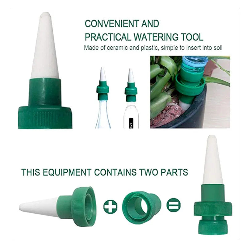 Green ceramic plant dripper for attachment to a cola bottle for automatic flower watering.
