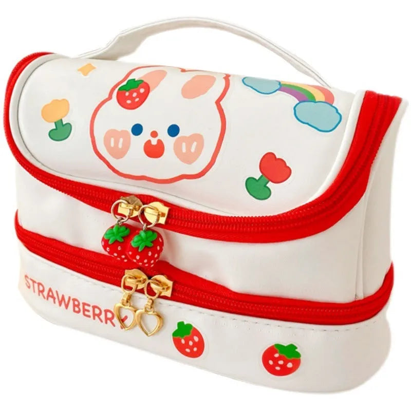 Girls multi-layer PU pencil bag 21cm long animal pattern blue with DIY stickers