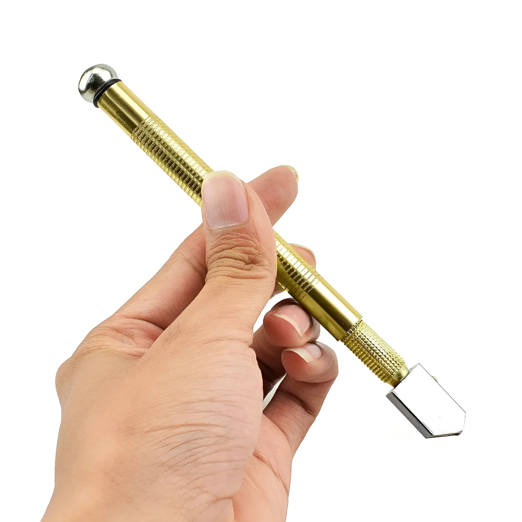 Close-up of a manual glass cutter tool with a metal handle and tungsten carbide wheel blade.