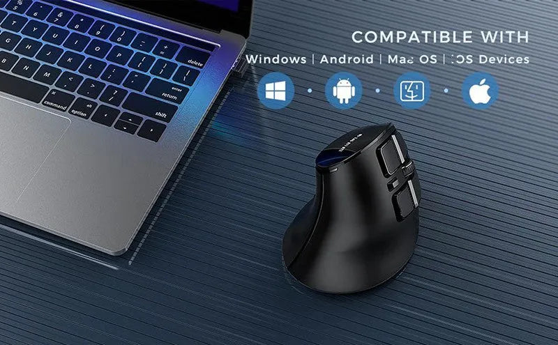 Wireless Bluetooth dual-mode rechargeable optical mouse in black, compact 15x8x5 cm design