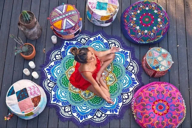 Round 150cm printed tassel yoga mat and beach towel in retro ethnic design with colour options