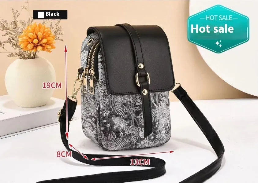 Women's multi-compartment PU bucket shoulder bag in black, size 13x8x19cm