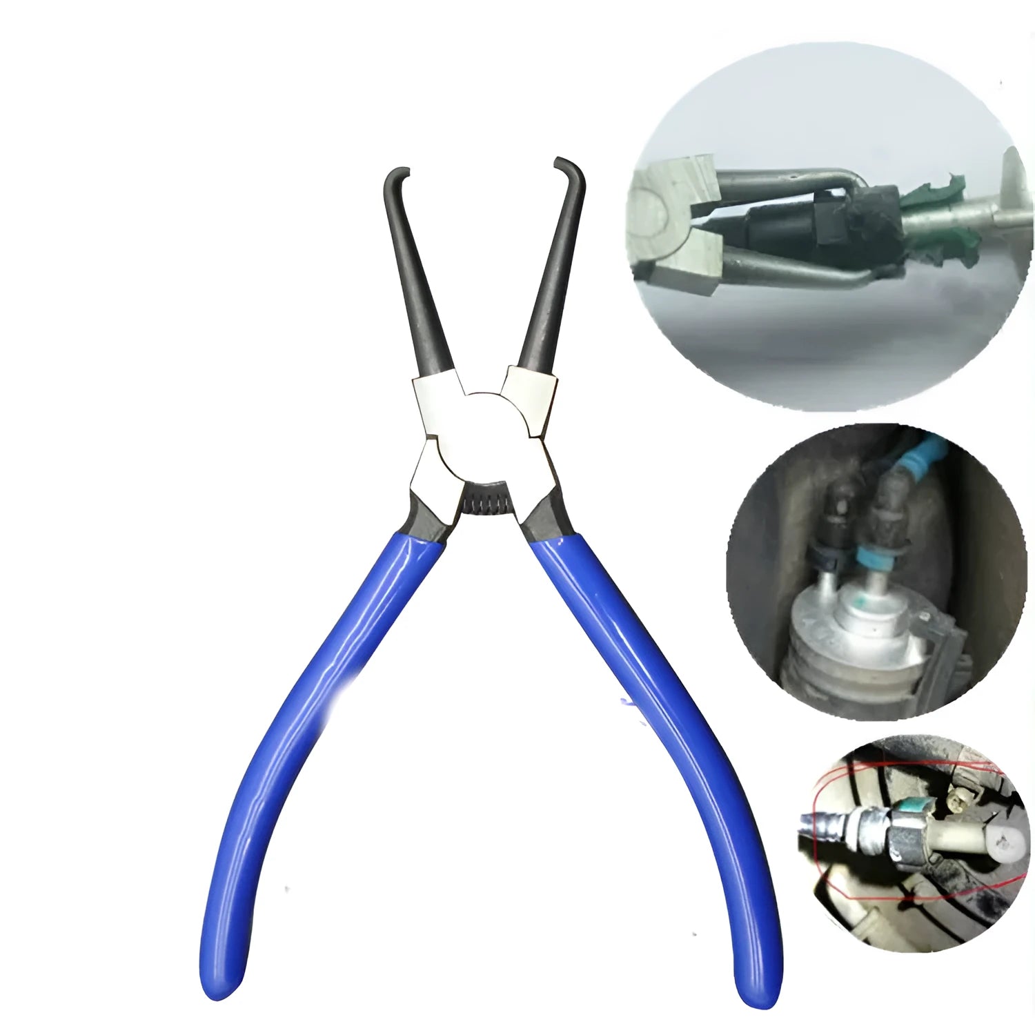 Iron caliper tubing pliers with rubber-coated handles, shown in two sizes for fuel line maintenance.