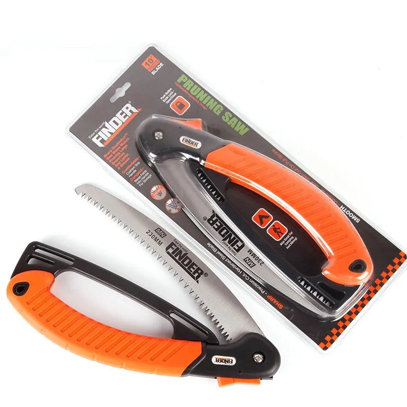 A folding garden saw with a black TPR handle and a metallic 230mm saw blade, shown both open and closed.