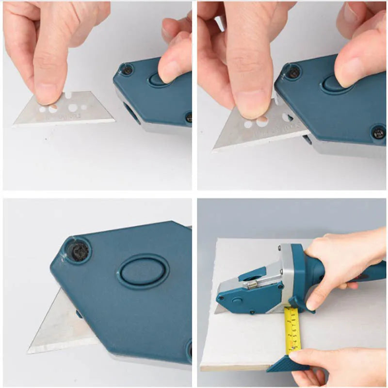Blue aluminium alloy and TPR plastic one-hand woodworking cutter with a press-lock and measuring scale.