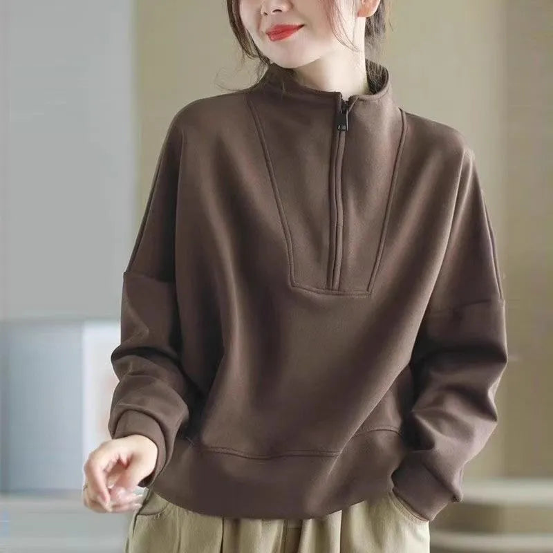 Plus size long sleeve short top in brown Dralon fabric with NORNS girl pattern, sizes M to 5XL