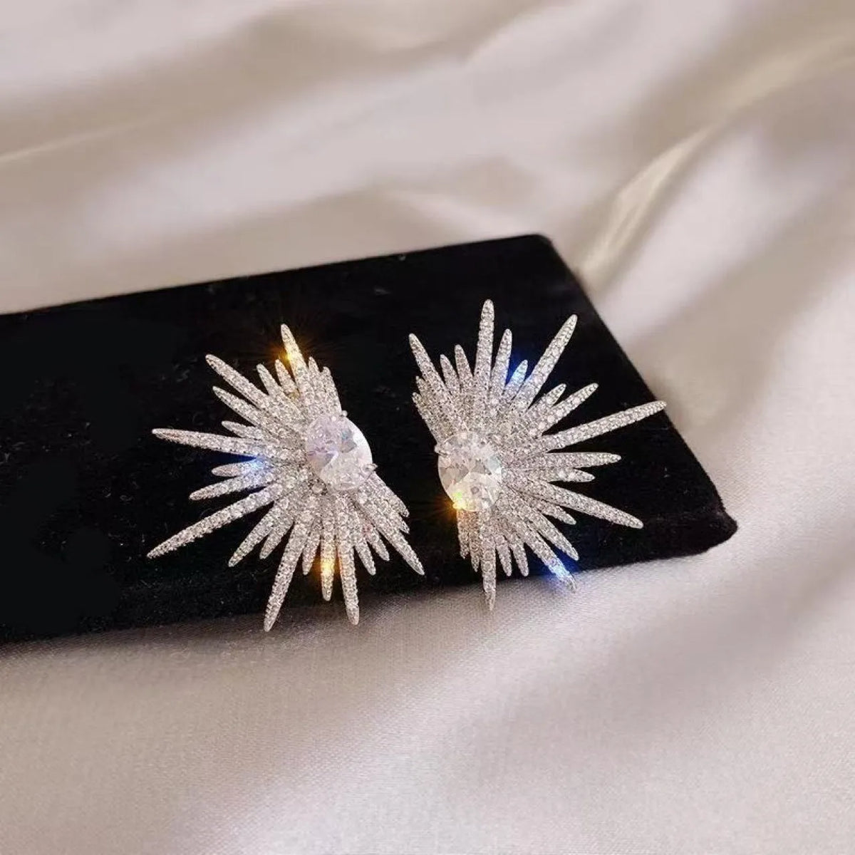 Pair of rhinestone eight-pointed star ear studs with electroplated finish, geometric women's earrings