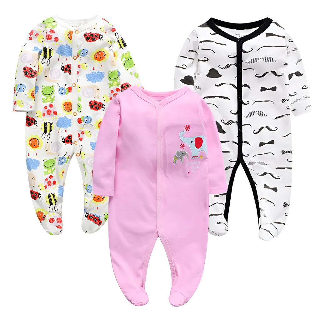Soft cotton baby one-piece bodysuit in blue and green dinosaur print, size 6M, front view on white background