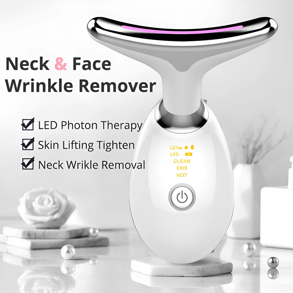 EMS thermal neck lifting massager device with LED lights, model ES-1081, on a white background.