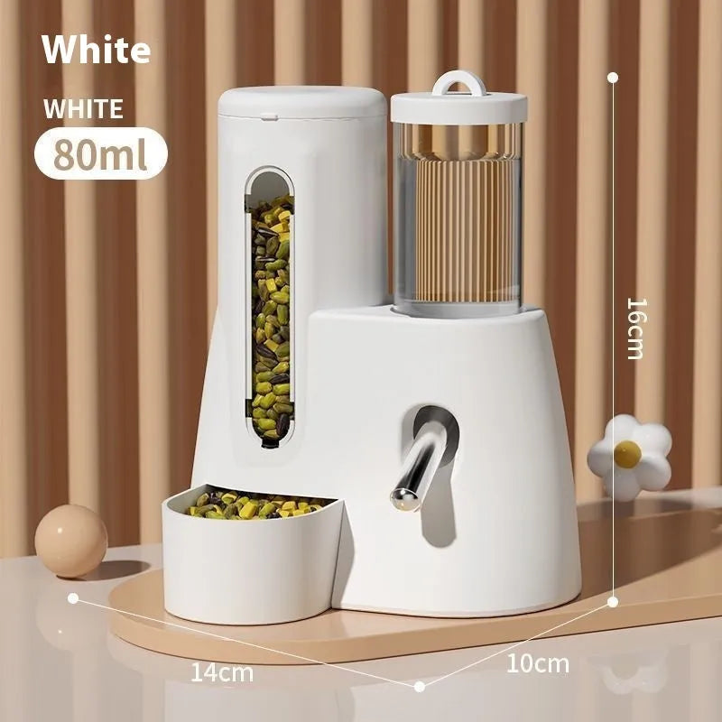 Hamster automatic drinking water feeder with integrated food basin in blue, pink, or white.