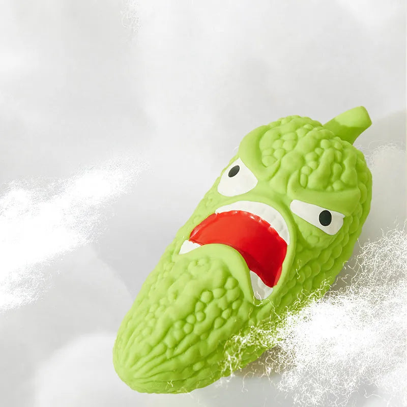 Dog chew toy with pet sound mechanism in bitter melon and chili designs for teeth cleaning
