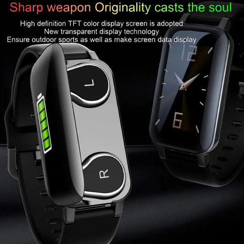 Call Bracelet smart fitness tracker in Black, Blue and Coffee colours on a wrist, showing heart rate monitoring.