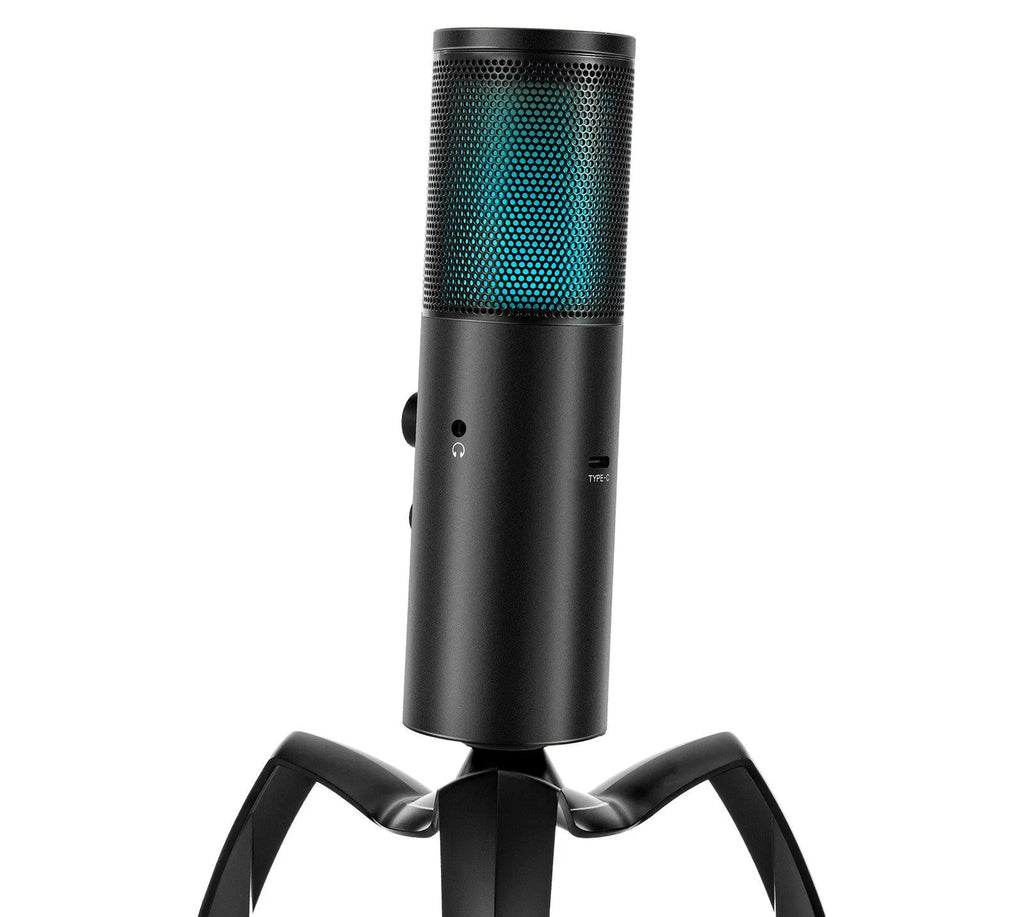 Black Q18 USB condenser microphone with RGB lighting on adjustable metal tripod stand