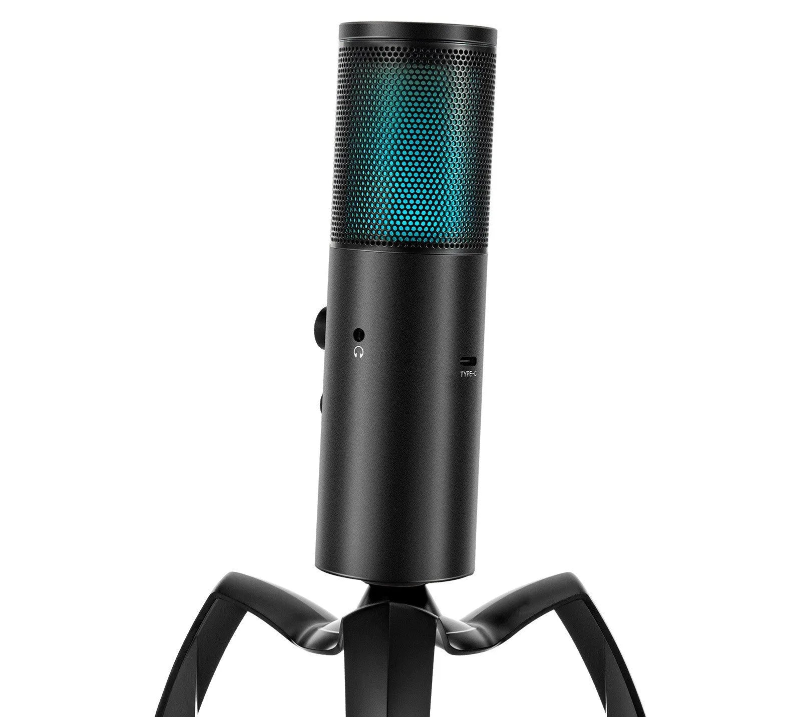 Black Q18 USB condenser microphone with RGB lighting on adjustable metal tripod stand