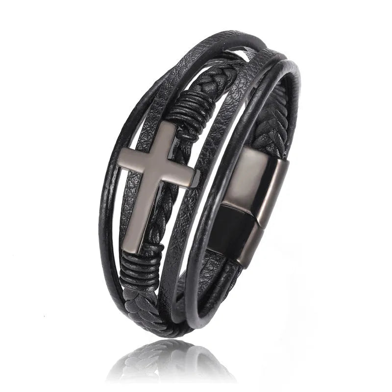 Multi-layer braided stainless steel cross men's unisex bracelet in gold colour with electroplated finish