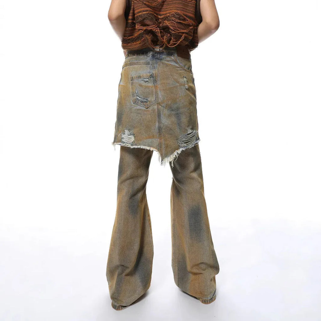 High-waist bootcut denim trousers in picture colour, front view, with button fly and straight-leg cut