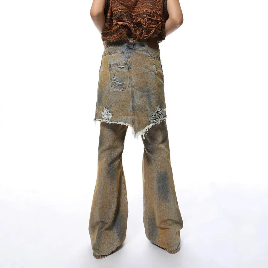High-waist bootcut denim trousers in picture colour, front view, with button fly and straight-leg cut