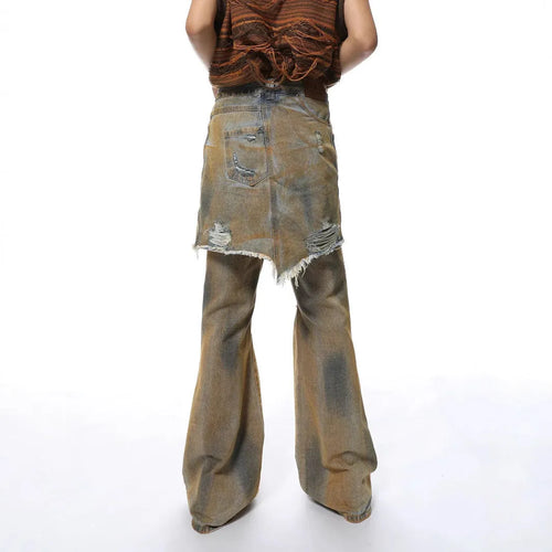 High-waist bootcut denim trousers in picture colour, front view, with button fly and straight-leg cut