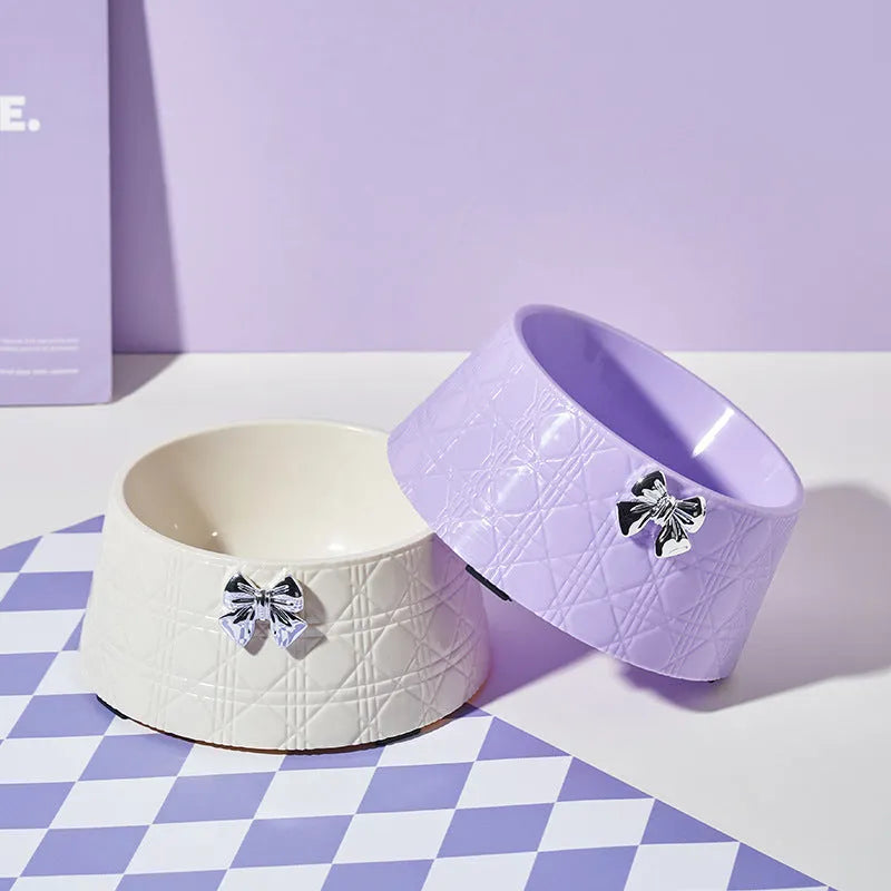 Bowknot diamond pattern pet feeding bowl for cats and small dogs in pink, silver, black, purple or white