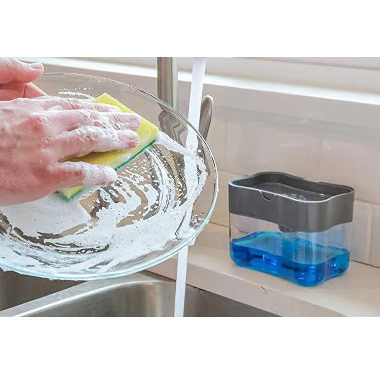 Grey and silver plastic kitchen countertop soap dispenser with pump