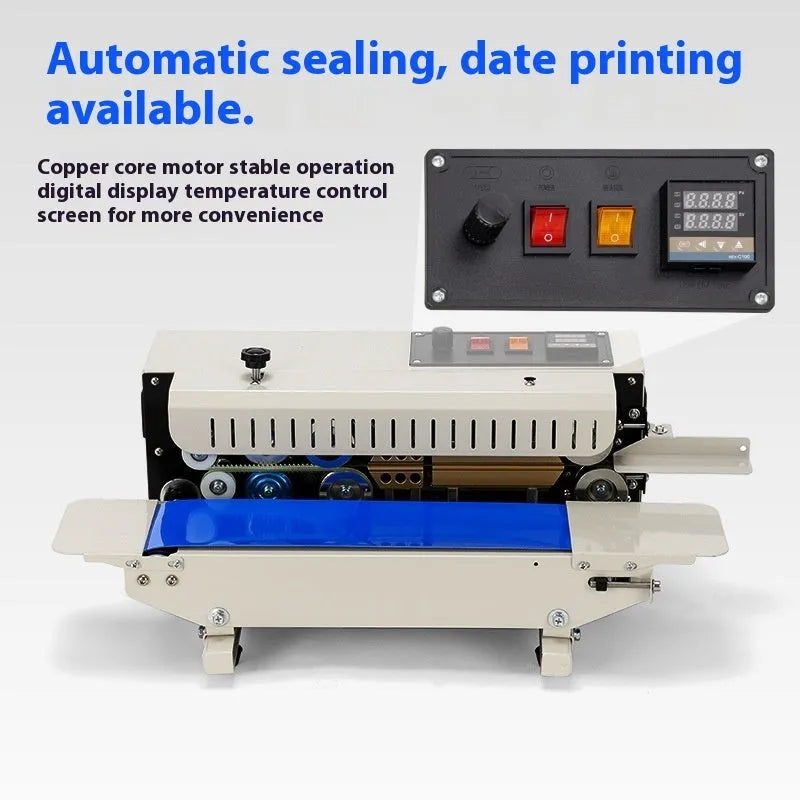 Compact manual steel seal sealing machine with integrated date printer on a worktop.
