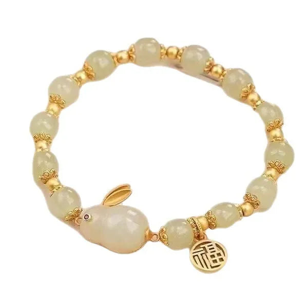 Green Lucky Jade adjustable bracelet with fu character and hare charm on black hand style band