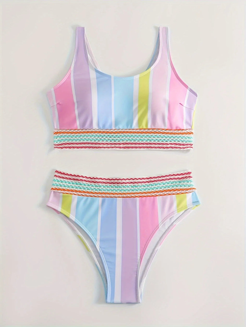Women's striped bikini top and briefs in picture colour, laid flat to show pattern and style.